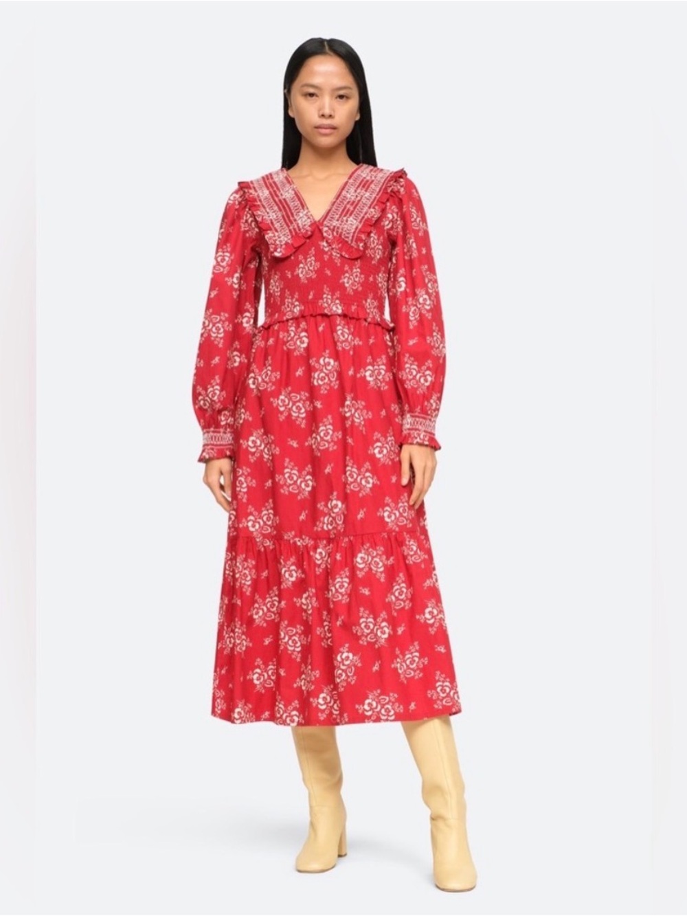 Sea New York Red Floral Long Sleeve Maxi Dress